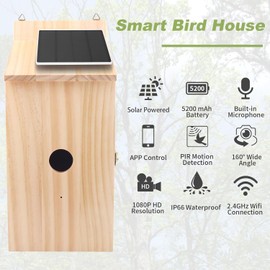 Smart Bird House with Camera, 1080P HD Wireless Birdhouse for Outside with Nest Auto Capture Photo & Video, Solar Powered 2.4G WiFi & App Notify 32G SD Card Waterproof Wooden Birdhouse