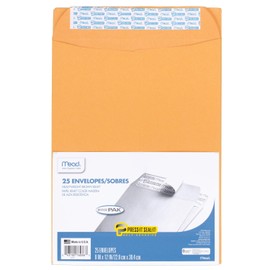 Mead Envelopes, Letter Size 9" x 12", Press-It Seal-It Self Adhesive Closure, Brown Kraft All-Purpose 24-lb Paper, Manila Mailing Envelopes, 25 Count (76086)