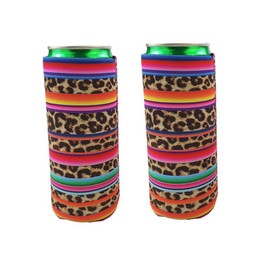 2pcs Neoprene Slim Beer Can Cooler Tall Stubby Holder Foldable Stubby Holders Beer Cooler Bags Fits 12oz Slim Energy Drink & Beer (Rainbow-Leopard)