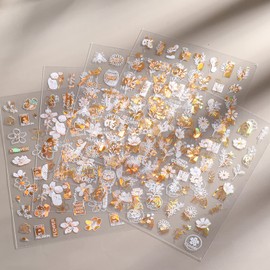 9 Sheets Flowers Nail Art Stickers, 3D Flowers Nail Self-Adhesive Sticker, Holographic Laser White Gold Nail Art Decals Design Floral Rose Leaf Nail Decal Supplies for Women Girls Manicure Decoration