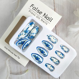 Flower Press on Nails Medium Almond Fake Nails with Blue Rose Designs Glue on Nails Glossy Blue White False Nails Elegant Stick on Nails for Women Girls Fingertip Art Manicure 24Pcs
