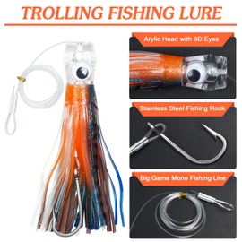 Saltwater Fishing Lures 6/9inch Trolling Lures for Marlin Mahi Tuna Dolphin Shark Big Game Deep Sea Fishing Baits Squid Skirts Rigged Hooks Ocean Gear Tackle