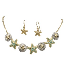 Gypsy Jewels Starfish Textured Sealife Nautical Boutique Statement Necklace & Dangle Earrings Set (Mint Green)