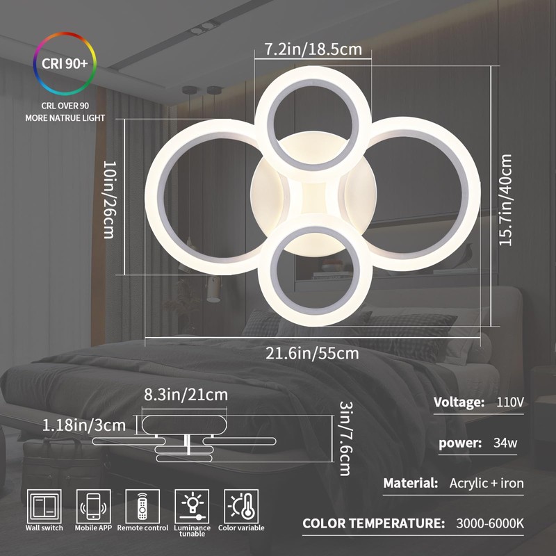 Shine LUEST 34W LED Ceiling Light with Remote, 3000-6000K Dimmable