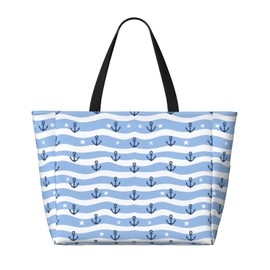 Owlfder Large Beach Bag for Women Anchor Star Wave Pattern Waterproof Blue Travel Shoulder Tote Bag with Pocket for Weekender Pool Vacation
