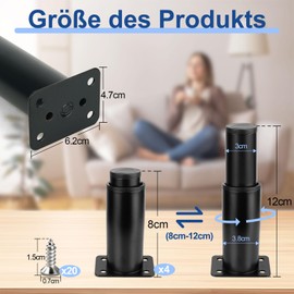 LONHCHI Set of 4 Adjustable Furniture Feet, 8-12 cm Furniture Feet, Height Adjustable, Metal Black Furniture Legs, Adjustable Height up to 12 cm, Feet for Furniture for Furniture Sofa Bed Bedside