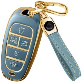 Lucrum Compatible with Hyundai Key Fob Cover & Leather Keychain, Keyfob Case for Santa Fe, Sonata, Tucson, Grandeur, Ioniq 5, Palisade, Nexo - For 5 Button Remote (2019-2025) - Blue and Gold