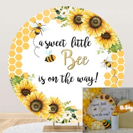 Laeacco 6.5x6.5ft Baby Shower Round Backdrop - Sweet Little Bee Sunflower Honey Bee Round Background - Polyester Gender Reveal Circle Backdrop Stand Cover Photo Booth Props