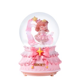 Snow Globe for Girls, 80MM Glass Snow Globe Music Box with Color Changing LED Lights and Automatic Snowflakes, Christmas Birthday Gift for Kids Granddaughter (Pink)