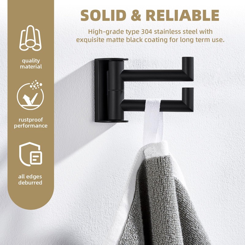 Angle Simple Swivel Double Towel Hook Matte Black, 304 Stainless