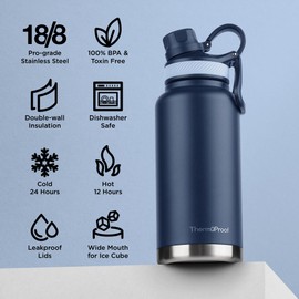 ThermoProof Double Walled Vacuum Insulated Stainless Steel Water Bottle - 32oz, Straw Lid & Spout Lid - Leak Proof - Gym, Hiking Bottles for Men, Women & Kids - Hot & Cold (Navy 32oz)
