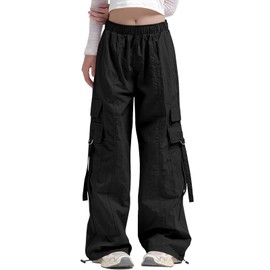 Haloumoning Girls Parachute Pants Kids Wide Leg Cargo Pants Y2K Street Trousers with Pockets 5-14 Years Black