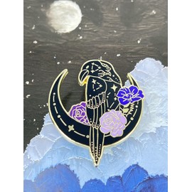 Crescent Moon Novelty Pin with Roses, Black and Purple, Medium, Zinc Metal, no gemstone