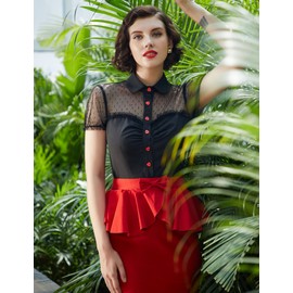 Women's Cute Short Puffy Sleeve Lapel Collared Polka dots T-Shirts Tops Black Size L BP574-1