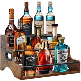 AT-VALY 3-Tier Liquor Bottle Display Shelf, Iron&MDF Countertop Wine Rack, Liquor Cabinet for Home Decor, Mini Bar(Rustic Brown)