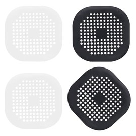 Square Drain Strainer Covers for Shower, Sink, Tub, Floor, 4-Pack Flexible Silicone Drain Strainers with Suction Cup for Hair, Residue, Debris Blockage (Black, White)