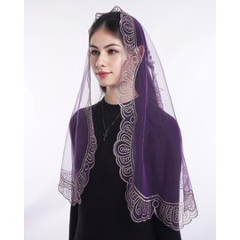 Bozidol Church Catholic Veils for Women, Purple Gold Long D Shape Floral and Cross Embroidered Lace Mantilla Chapel Veil, Latin Mass Prayer Head Coverings with Clips
