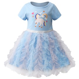 VASCHY Unicorn Tutu Dress for Girls, Cute Spring Summer Ruffel Short-Sleeve Outfit,Toddler/Little/Big Kid Girls Birthday Party Clothing Size 3-4