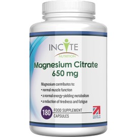 Magnesium Citrate Supplement 650mg | 180 Premium Vegan Capsules not Tablets (6 Month’s Supply) | High Strength Magnesium Citrate | Suitable for Vegetarian | Made in The UK by Incite Nutrition®