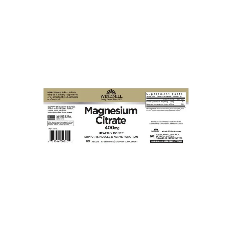 Citrato De Magnesio Windmill 400mg - 60 Tabletas