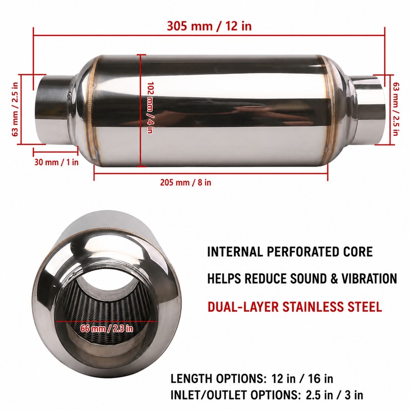 2.5 Inch Stainless Steel Exhaust Resonator 12 Inch Straight-Through Muffler