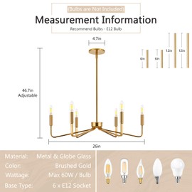 Jonsi Gold Chandelier - 26" Modern Brushed Brass Chandelier Light Fixture 6 Light Industrial Candle Lighting Hanging Ceiling for Living Dining Room, Kitchen Island