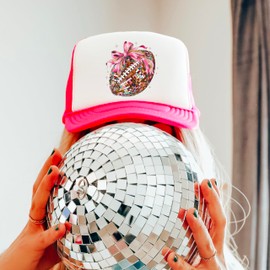 Disco Football Hat for Women and Teens Coquette Bow Game Day Classic 5 Panel Mesh Snap Back White/Neon Pink Trucker Hat