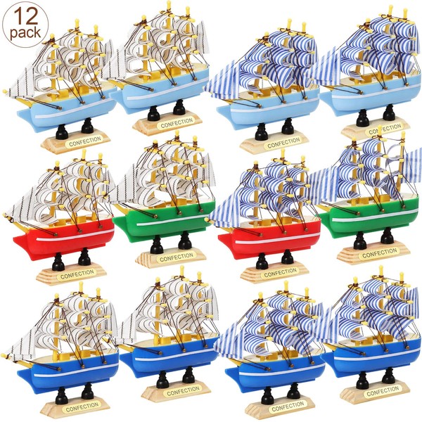 Blulu 12 Pieces Sailing Ship Model Decor 12 Style Plastic Miniature Sailing Boat Model Handmade Vintage Nautical Sail Ship for Tabletop Ornament, Ocean Theme and Home Decor