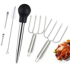 KAYCROWN Turkey Baster and Turkey Roast Lifters, Rubber Turkey Baster with 2 Marinade Needles & Stainless Steel Turkey Poultry Forks Set, Poultry Lifters