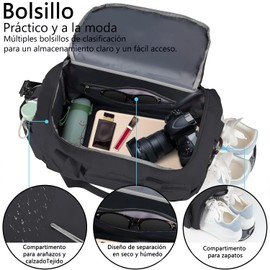 Bolsa Deportiva Impermeable para Gym con Compartimento de Zapatos y Separación Seca/Húmeda - Maleta de Viaje Plegable para Natación, Fitness y Entrenamiento - Unisex Hombre Mujer (Negro)