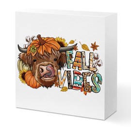 Cow Decor: Fall & Thanksgiving Home Decorations - Wood Box Sign with Pumpkin & Leaves - Farmhouse Style