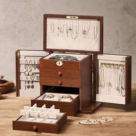 Artisticbox Lockable Wooden Jewelry Box for Women - 8-Layer Dresser Top Jewelry Boxes and Organizer with Key,Large Storage for Necklaces,Solid Wood Jewelry Organizers with Necklace Hooks