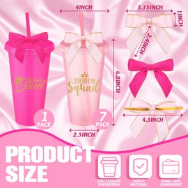 Jingmore 8 Set Birthday Party Glitter Tumblers 24 oz Birthday Squad Birthday Queen Plastic Tumblers with Lid Straw and Twist Bow for Birthday Decorations Party Favor for Women (Rose Red,Pink)