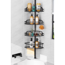 HAMITOR Shower Caddy Tension Pole: 4-Tier Rustproof Bathroom Corner Shelf Organizer for Renters - No Drill Large Shampoo Storage Rack - Adjustable 47-121 Inch - Space Saving Bathtub Accessory - Black