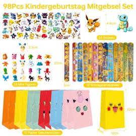 Bomboniere di compleanno per bambini, 98 pezzi, con sacchetti regalo di carta, mini figure, braccialetti a scatto e adesivi, piccoli regali per bambini, ragazzi e ragazze