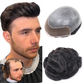 blazingfire Front French Lace Toupee Hair for Men, 0.08mm Thin Skin Single Knot Real Human Hair Mens Hair Piece, 8x10 Inch PU Base Hair Replacement System #1B Off Black