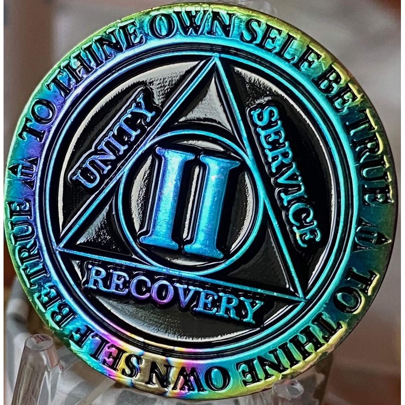 2 Year AA Medallion Reflex Rainbow Plated Black Sobriety Chip