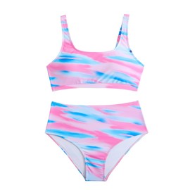 Savarana - Conjunto de bikini de cintura alta para mujer, traje de baño de dos piezas, cuello redondo, traje de baño deportivo de corte alto, A_tie Dye Blue, Large