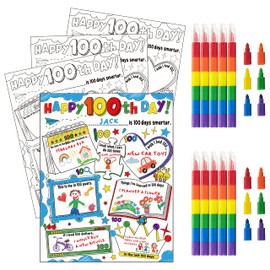 30 Pcs Happy 100th Day Coloring Poster Pack with 30 Stacking Crayons for School Party Favors，100 Days of School Ideas Project Chart Fill in Poster School Craft Classroom Activities Supply