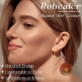 Roheafer Hypoallergenic Flat Back Earrings for Women 14K Gold Plated Surgical Steel Stud Hoop Earrings for Sensitive Ears Stainless Steel Earrings Gold Flatback Stud Cartilage Earring Set