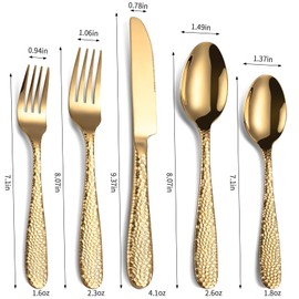 Gold Hammered Silverware Set, 40-Piece Heavy Duty Stainless Steel Flatware Sets for 8, Food-Grade Cutlery Set for Home Restaurant, Mirror Polished, Dishwasher Safe
