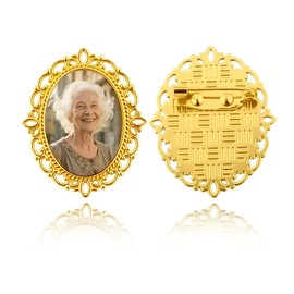 Wedding Lapel Pins for Men Women Gold Lace Frame Photo Brooch for Grooms Bride Funeral Boutonniere Pins for Men Bridal Bouquet Charms in Memory of a Loved One Photo Memorial Brooch for Suit