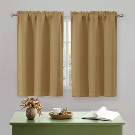 OWENIE - Cortinas opacas cortas doradas de 45 pulgadas de largo, juego de 2 paneles para ventana pequeña de cocina, recámara, cortinas de privacidad con bolsillo para barra, nivel para baño, sótano