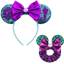 Sparkle Sequin Mouse Ears Headband and Velvet Mouse Ears Scrunchies 2pc Hair Decorative Accessories for Women Birthday Princess Dress Cosplay Party (Purple, Standard)