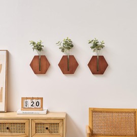 FJSPERM Wood Wall Vase Decor, Hexagonal Wall Hanging Planter, Hanging Wall Planters for Indoor Plants, Wall Decor for Bedroom Living Room Bathroom Kitchen, Farmhouse Plant Wall Art Decor(Rustic Brown)