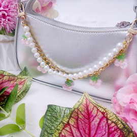 AGEN KGEN 2Pcs Purse Extender Chain, Gold Handbag Straps Cute Flower Cherry Pearl Metal Purse Strap Extender