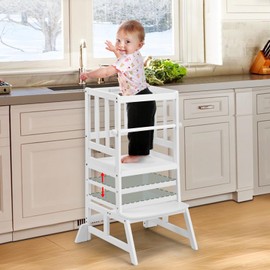 COSYLAND COSYLAND Kids Kitchen Step Stool, Height Adjustable Toddler Standing Tower Nursery Helper with CPC & FSC Certification, Removable Safety Railing Enjoys Exclusive PatenWhite