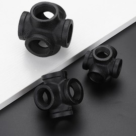 3/4" Black Pipe Fittings 6-Way Side Outlet Tee - Home Expert 4 Pack Malleable Cast Iron Threaded Pipe Fittings 6-Way Side Outlet Cross for Industrial Pipe Shelves Bracket Vintage Pipe Furniture