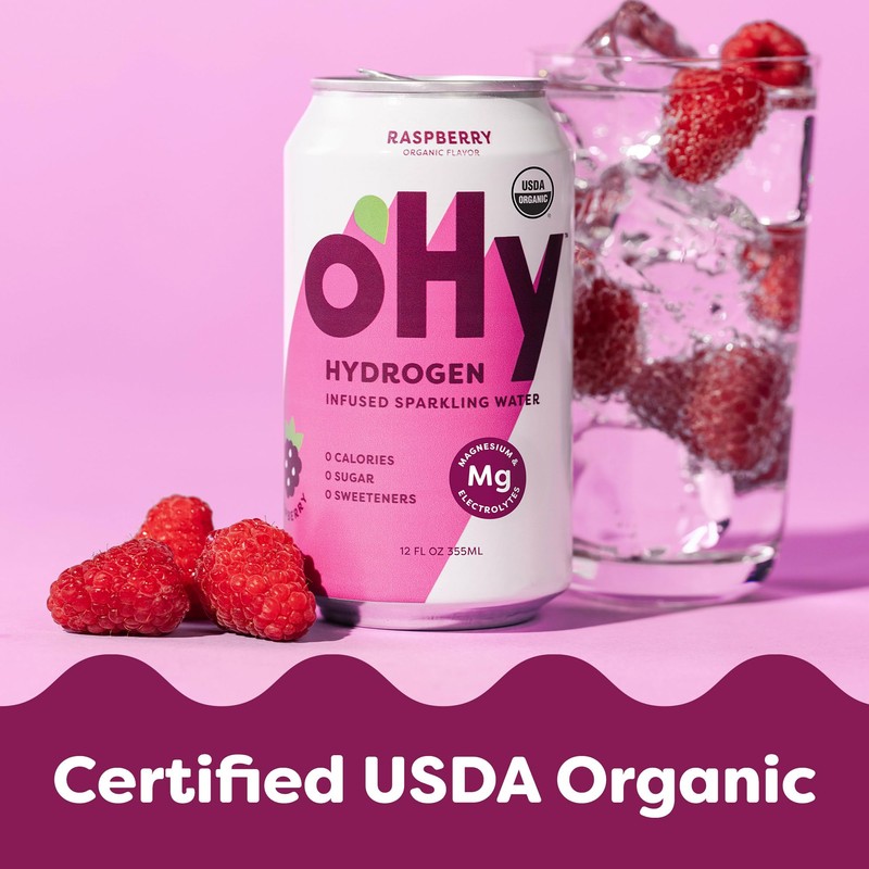 oHy Raspberry Sparkling Water, Hydrogen Infused, USDA Organic, Magnesium, Non-GMO,