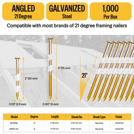 meite 21 Degree Framing Nails (1,000 Counts) 3-Inch x 0.120-Inch Galvanized Finish Round Head Plastic Collated Framing Nails for Framing Nailer